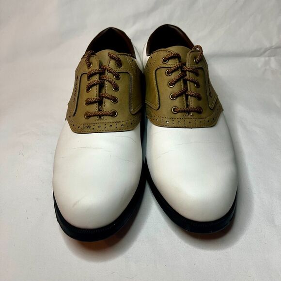 FootJoy Greenjoys Golf Shoes Mens Sz 8.5W White and Tan Lace Spikes Athletic - Picture 3 of 11